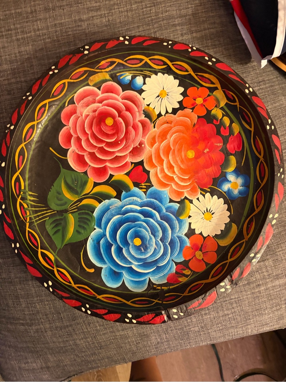 Vintage Hand Painted Wood Serving Tray Mexican floral Folk Art Round 13”